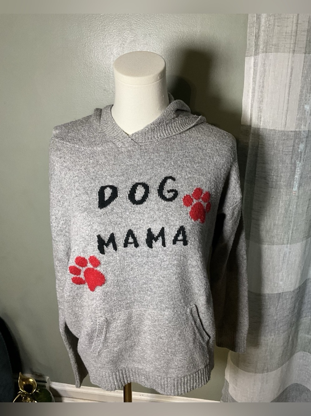 Lou & Grey Dog Mama Knit Hoodie Sweater Gray Small